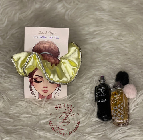 اسکرانچی ساتن زرد کره ای با نوار نگین