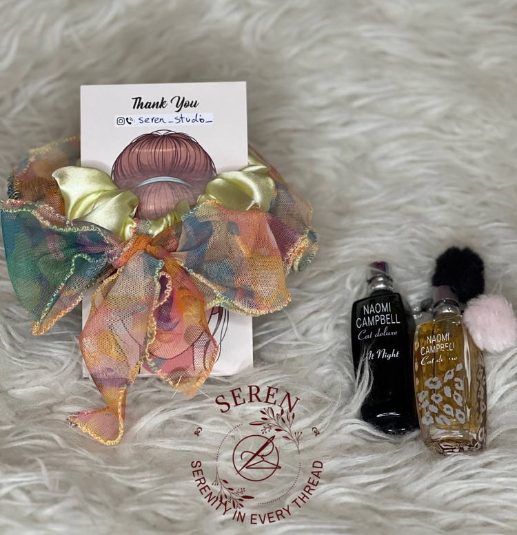 اسکرانچی ساتن زرد کره ای با تور رنگی